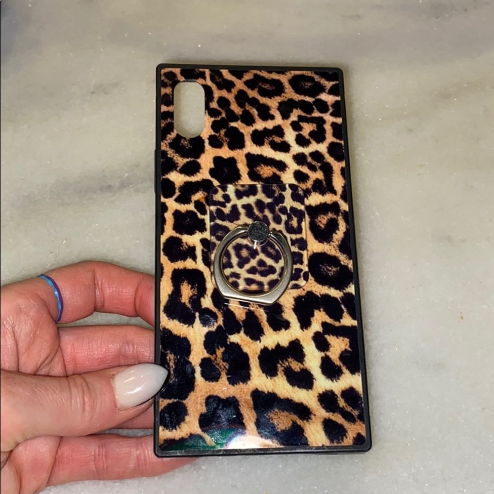 iPhone X square leopard case with finger loop ring